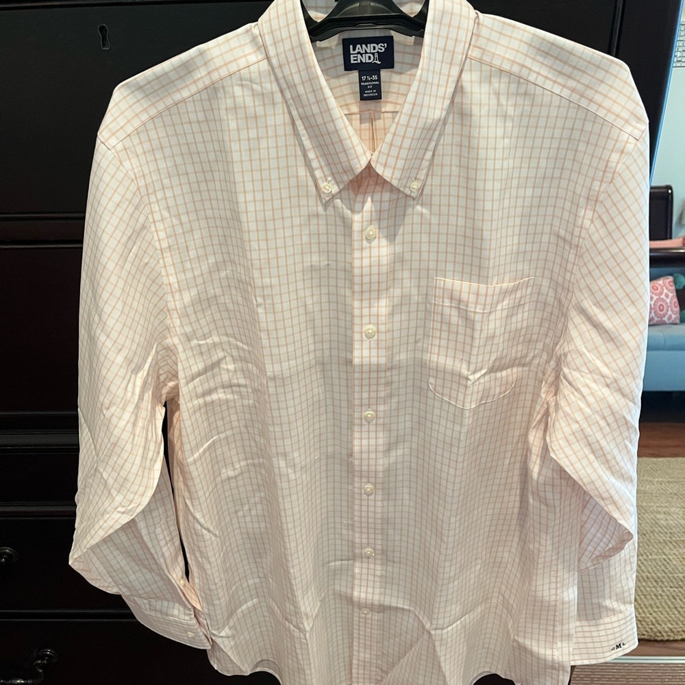 Lands' End Men's Peach Windowpane Checkered Button-Down Shirt